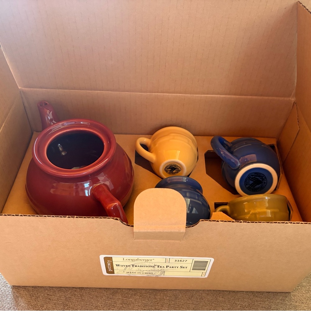 Longaberger Multicolor Ceramic Tea Set - Red, Yellow, Blue, Green